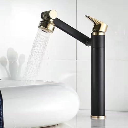 1080 grad drehbarer wasserhahn, Wasserhahn Bad, Mischbatterie waschbecken, Kaltwasserhahn gäste wc, Warm- und Kaltwasserhahn Für Badezimmer, Mit zwei 60 cm langen Schläuchen (schwarzgold, hoch) von LIANGERMAO