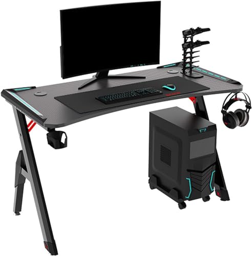 LIANGERMAO Gaming Tisch, Gamer Tisch mit led, PC-Schreibtisch mit Kopfhörerhaken und Tassenhalterung, Kohlefaseroberfläche, Ideal für Spiele und Heimbüros (schwarz, 140 * 60 * 73CM) von LIANGERMAO