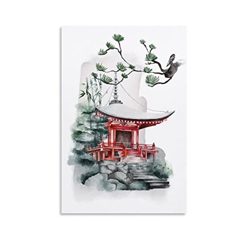 LIANGFANG Japanische Kultur, Tintenmalerei, Kunst, Poster, Tempel mit Kiefernbäumen, 1 Kunstwerke, Bilddruck, Wandkunst, Malerei, Leinwand, Geschenk, Dekoration, Heimposter, dekorativ, 30 x 45 cm von LIANGFANG