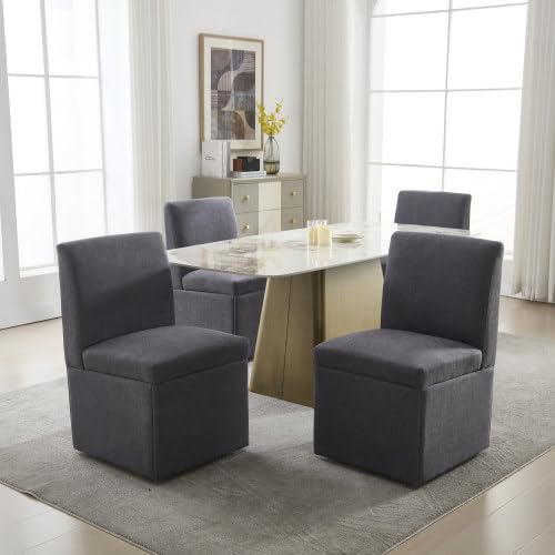 LIANGFUN Gepolsterte Esszimmerstühle 2er Set Drehbare Esszimmerstühle Küchenstühle Rollen & Lagerung Bequemer Moderner Rollsessel Weiß für Wohnzimmer Armloser Stuhl aus Stoff (Dark Gray Leinen) von LIANGFUN