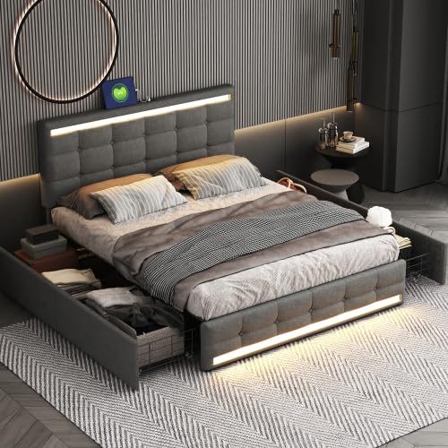 LIANGFUN Polsterbett 140 * 200 LED-Polsterbett mit 4 Schubladen und 2 USB-Ladestationen, Bettrahmen mit LED-Kopfteil-Fußteil, gepolstertes Plattformbett mit Stauraum, Leinenstoff Grau von LIANGFUN