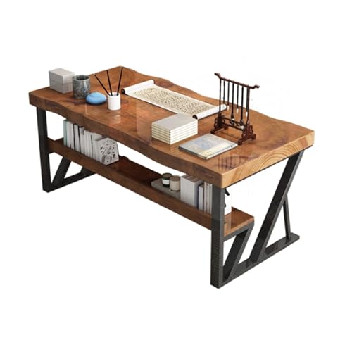 LIANGGM Schreibtisch Computertisch Aus Massivholz, Metallrahmen, Home-Office-Schreibtisch, Arbeitstisch, Schreibtisch, Spieltisch Mit Schubladen Und Bücherregal Bürotisch Arbeitsplatz(140x70x75cm) von LIANGGM