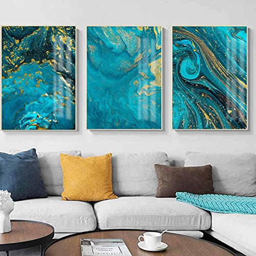 LIANGX Abstrakte Blaue und goldene Fluid Art Malerei Leinwand Wandkunst Bilder,HD Print ohne Rahmen Marmor Nordischen Stil Poster Wandbilder Wohnzimmer Dekor 3 Panel (3 Stück 70x90cm) von LIANGX