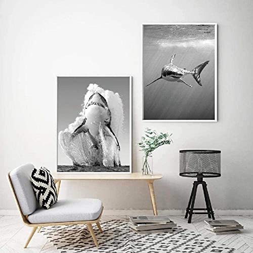 LIANGX Leinwand Bilder Poster Weißer Hai Schwarz Weiß Deko für Wand, Kunstdruck Wandbilder schwarz weiß Print Home Schlafzimmer Wohnzimmer ohne Bilderrahmen (2X50x70cm) von LIANGX