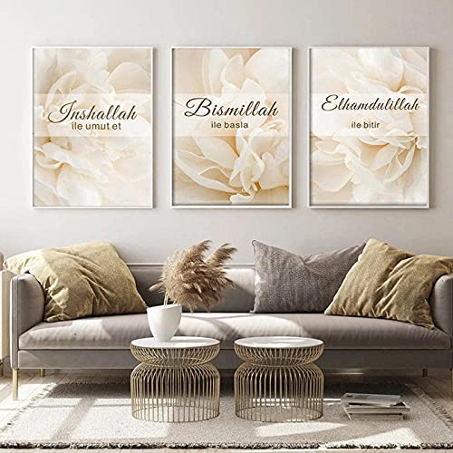 LIANGX Leinwand Wandbilder Poster Weiße Blume Umut Und Bismillah Islamischen Stil Schlafzimmer Deko für Wand,Kunstdruck Bilderset Print Home Wohnzimmer ohne Bilderrahmen (3X50x70cm) von LIANGX