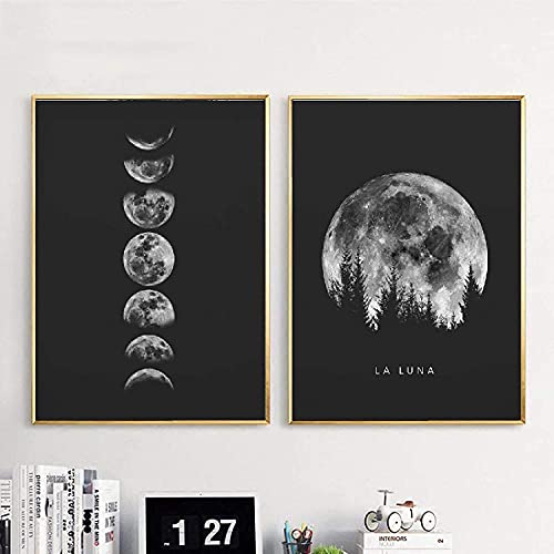 LIANGX Schwarz Weiß Mondphasen Bilder Vollmond Wandbilder Poster Leinwand Wandkunst Bild Wohnzimmer Schlafzimmer Wohnkultur Dekoration Rahmenlos (2X50x70cm) von LIANGX