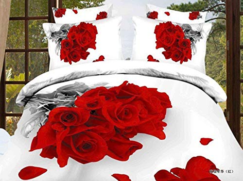 LIANHUAA 3D Bedruckt Blumenmuster Bettwäsche-Set 135x200 cm Mit 1 Kissenbezug, Rote Rose Mikrofaser Weißer Bettbezug Für Mädchen (F,135 x 200 cm) von LIANHUAA