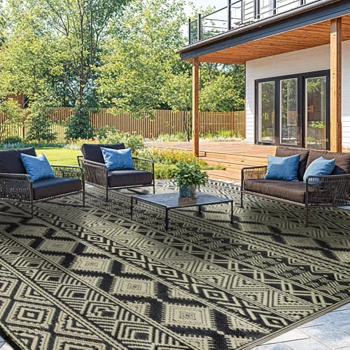 LIANLAM Kunststoff-Strohteppich, strapazierfähig, wasserdicht, UV- und lichtbeständig, für Terrasse, Camping, Wohnmobil, Deck, Balkon (20,3 x 25,4 cm, Schwarz und Beige) von LIANLAM