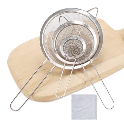 LIANRISES 3 Stück Sieb Küche 7/12/18cm Küchensieb Edelstahl Sieb Edelstahl Feines Sieb Küche und 1 Stahldraht Lappen für Mehl Saft Tee Kann mit Geschirrspüler Gewaschen Werden von LIANRISES
