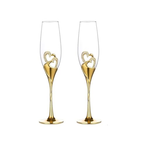LIANTIAN Hochzeits-Sektgläser, 2 Stück Sektflötengläser mit Strassrand und herzförmiger Verzierung, geeignet für Hochzeiten und Jubiläen(Gold,26 * 6.5 * 4.2) von LIANTIAN