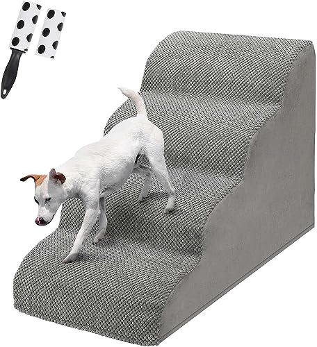 4 Stufen Hundetreppe für Bett/Couch, LIANTRAL Haustiertreppe mit strapazierfähigem hochdichtem Schaumstoff & waschbarer Bezug und Tierhaarentferner-Rolle, reduziert Stress auf Tiergelenke von LIANTRAL