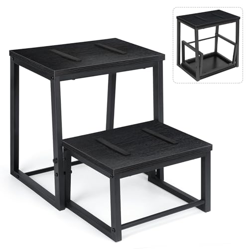 LIANTRAL 2-Stufen Tritthocker für Erwachsene und Kinder, Stabiler Metallrahmen Holzbrett Step Hocker Helfer, Unterstützt bis zu 160KG, Fußhocker, 2-in-1 Design verstaubarem Tritthocker, Schwarz von LIANTRAL