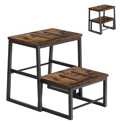 LIANTRAL 2-in-1-Tritthocker für Erwachsene Kinder, 2 Stufen Schwere Holz-Tritthocker mit 160 kg Tragkraft, Metallrahmen, Hochbett-Fußhocker, rutschfester Tritthocker für Küche, Büro, Wohnmobil - Braun von LIANTRAL