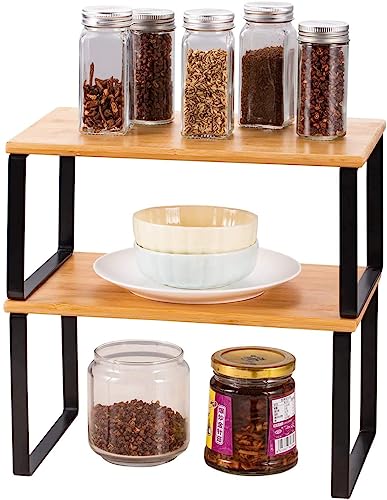 LIANTRAL Küchenschränke Organizer 2er Set, Küchenregal, Küchen Organizer aus Metall und Bambus, Erweiterbar und Stapelbar Gewürzhalter, kleines Regal, B 29,7 cm, Naturfarben und Schwarz von LIANTRAL