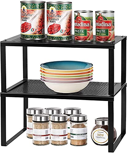 LIANTRAL Küchenschrank Organizer 2er Set, Küchen Organizer, Erweiterbar und Stapelbar Küchenregal, Gewürzregal, Metall kleines Regal für Küchenschrank Arbeitsplatte Speisekammer, Schwarz von LIANTRAL