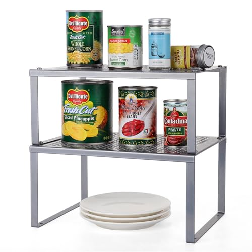 LIANTRAL Küchenregal, Küchenschrank Organizer 2er Set, Erweiterbar und Stapelbar Gewürzregal, Küchen Organizer, Metall kleines Regal für Schrank Arbeitsplatte Speisekammer, Silber von LIANTRAL