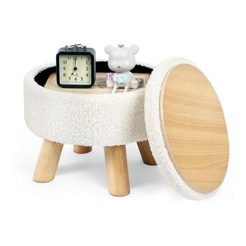 LIANTRAL Runder Sitzhocker, Teddy Samt Fußhocker mit Stauraum, Deckel abnehmbar, Holzstütze, Moderne Polsterhocker, Schminkhocker für Wohnzimmer, Schlafzimmer, 31,7 x 31,7 x 28 cm, Cremeweiß LIANTRAL Runder Sitzhocker, Teddy Samt Fußhocker mit Stauraum, Deckel abnehmbar, Holzstütze, Moderne Polsterhocker, Schminkhocker für Wohnzimmer, Schlafzimmer, 31,7 x 31,7 x 28 cm, Cremeweiß von LIANTRAL