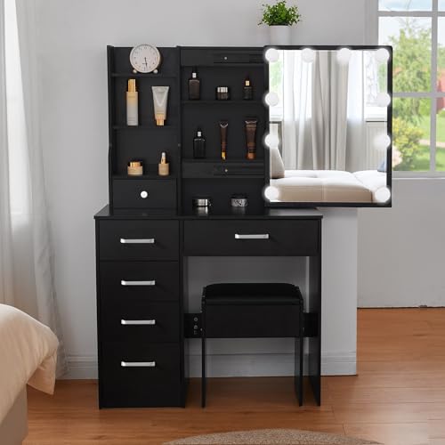 LIANWANG Schminktisch mit Beleuchtung, Einstellbare Helligkeit und 3 Farbtemperaturen, Frisiertisch mit Spiegel und 6 Schubladen, 1 Hocker, Modern, Schwarz, 131 x 80 x 36 cm von LIANWANG