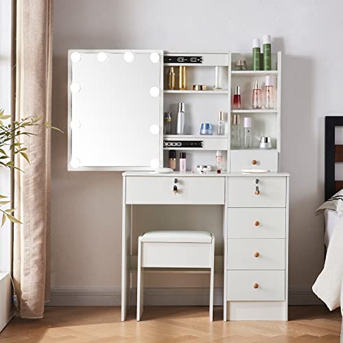 LIANWANG Schminktisch mit Spiegel mit LED-Licht, 3 Farbtemperaturen, 3 Modi, Schminktisch mit Hocker, 6 Schubladen und 4 Fächern, Weiß, 131 x 36 x 80 cm LIANWANG Schminktisch mit Spiegel mit LED-Licht, 3 Farbtemperaturen, 3 Modi, Schminktisch mit Hocker, 6 Schubladen und 4 Fächern, Weiß, 131 x 36 x 80 cm von LIANWANG