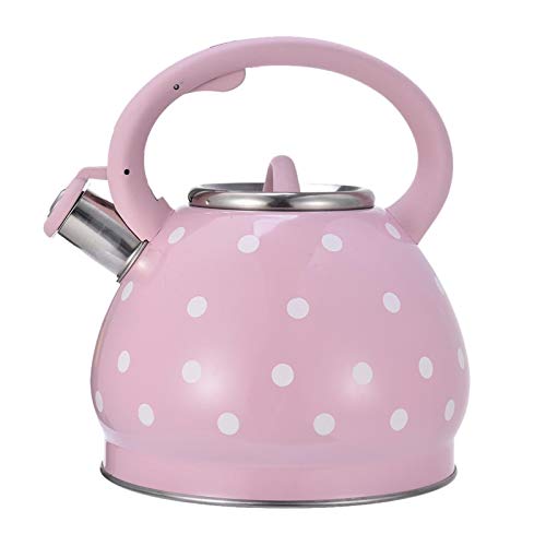Wasserkessel 3.5L Edelstahl Pfeifkessel Hemisphärischer Flachboden-Topf Schwarzer Punkt Muster Pfeife Teekanne Kesseltopf Teekessel (Color : Pink) von LIANYG