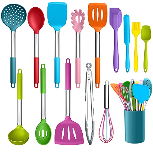 LIANYU 15-teiliges Küchenutensilien-Set mit Halter, Silikon-Küchenwerkzeuge Werkzeug mit Edelstahlgriff, Schlitzspatel, Löffel, Wender, Zange, Schneebesen zum Kochen, bunt LIANYU 15-teiliges Küchenutensilien-Set mit Halter, Silikon-Küchenwerkzeuge Werkzeug mit Edelstahlgriff, Schlitzspatel, Löffel, Wender, Zange, Schneebesen zum Kochen, bunt von LIANYU