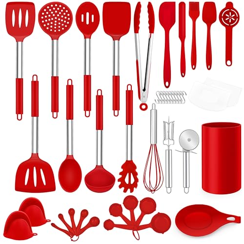 LIANYU 43-teiliges Küchenutensilien, Silikon-Kochutensilien, Pfannenwender-Set mit Halter, hitzebeständige Küchenhelfer für Antihaft-Kochgeschirr-Set, Edelstahlgriff, rot von LIANYU