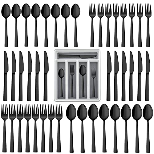 LIANYU 60-teiliges schwarzes Besteck-Set mit Organizer-Tablett, Edelstahl-Besteck-Set für 12, schwarze Essutensilien für Zuhause, Restaurant, spülmaschinenfest, hochglanzpoliert von LIANYU