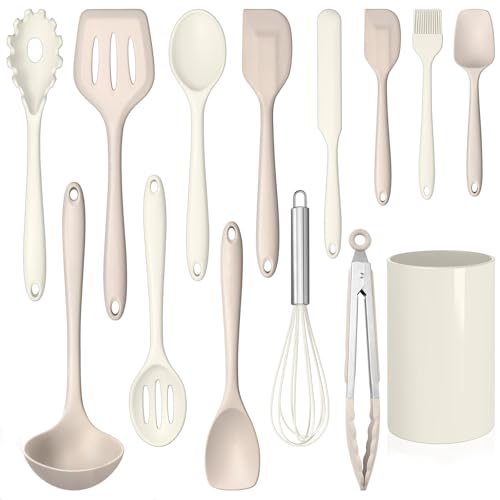 LIANYU Küchenutensilien-Set mit Halter, 14-teiliges Silikon-Kochutensilien-Set, hitzebeständiges Kochgeschirr-Werkzeug, inklusive Löffelwender, Schneebesen, Zange, spülmaschinenfest, Khaki-Weiß LIANYU Küchenutensilien-Set mit Halter, 14-teiliges Silikon-Kochutensilien-Set, hitzebeständiges Kochgeschirr-Werkzeug, inklusive Löffelwender, Schneebesen, Zange, spülmaschinenfest, Khaki-Weiß von LIANYU