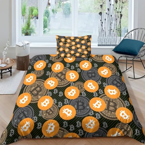 LIAOHENKAN Bitcoin-Muster Bettwäschegarnitur Mädchen Junge Kinder 3D Gedruckter Bettbezug Set Weich Microfaser Und Kissenbezüge Bettwäsche Reissverschluss 2 Teilig Single（135x200cm） von LIAOHENKAN