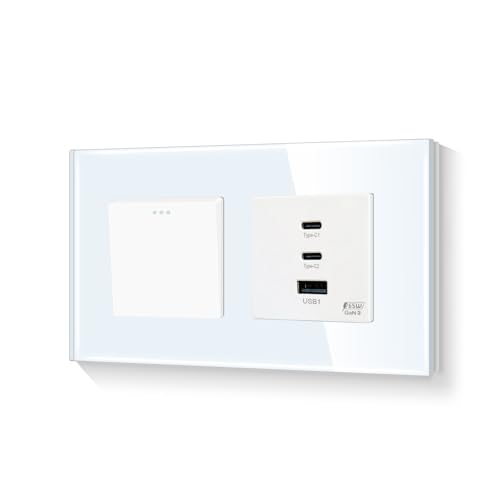 LIAONFOY 1 Fach 1 Weg Lichtschalter mit Super Fast Charging Drei Ports Wandsteckdose Typ c und USB Kombination Ladeanschlüsse Glasrahmen Weiß 157mm 100-240V (Neutrale Linie erforderlich) von LIAONFOY