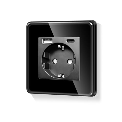 LIAONFOY 20W Runde Wandsteckdose Typ c und USB Kombination 86mm 100-250V Kompatibel mit iPhone iPad Android Gerät Max Ladegeschwindigkeit 20W für Typ c 20W für USB Schwarz(Neutrale erforderlich) von LIAONFOY
