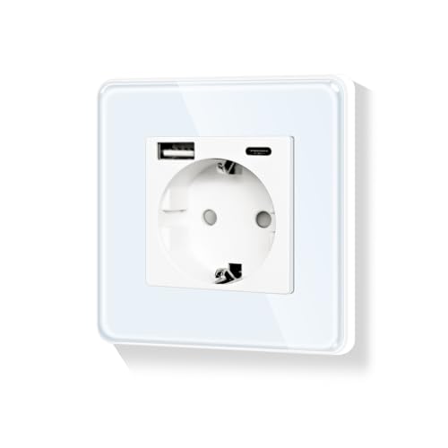 LIAONFOY 20W Runde Wandsteckdose Typ c und USB Kombination 86mm 100-250V Kompatibel mit iPhone iPad Android Gerät Max Ladegeschwindigkeit 20W für Typ c 20W für USB Weiße (Neutrale erforderlich) von LIAONFOY