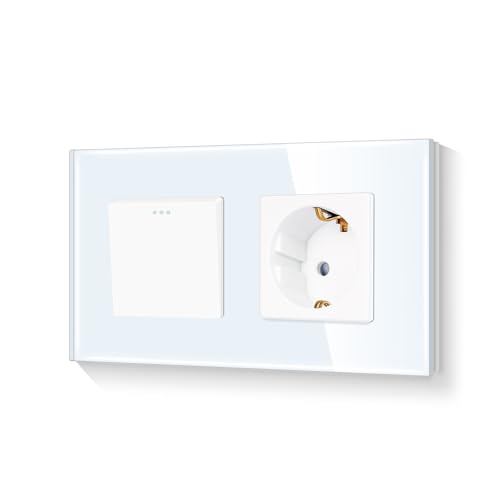 LIAONFOY Schuko 1 Fach 1 Weg Unterputz Lichtschalter Glas panel Tasten Schalter Ein Aus Schalter mit Einzelsteckdose Weiß 110-250V 157mm von LIAONFOY