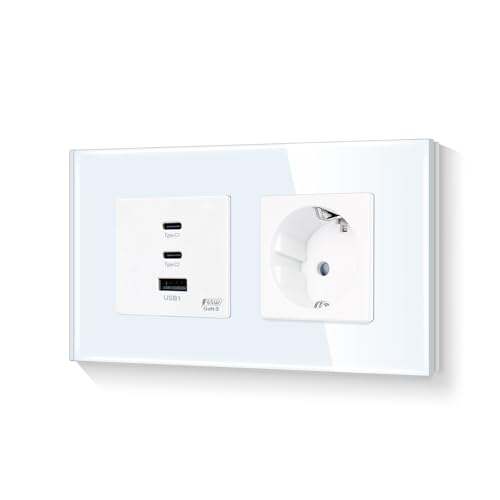 LIAONFOY Schuko Einzelsteckdose mit Super Fast Charging Drei Ports Wandsteckdose Typ c und USB Kombination Ladeanschlüsse Glasrahmen Weiß 157mm 100-240V (Neutrale Linie erforderlich) von LIAONFOY