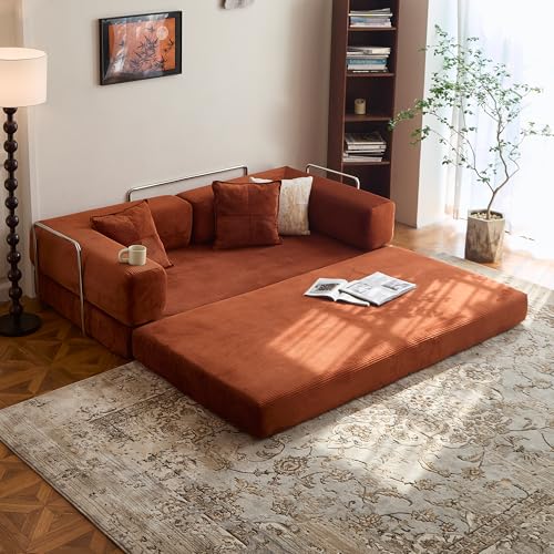 LIAROO 200,2 cm umwandelbares Schlafsofa – Kompressionssofa mit Cordstoff – mit Armlehnen und Rückenlehne – modularer Abschnitt für Wohnzimmer, Schlafzimmer, Studio – Kompressionssofa in Box (Orange) von LIAROO