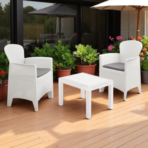 Gartenmöbel-Set aus Polypropylen in Rattanoptik BORIA mit 2 Sesseln und 1 Tisch, wasserdicht, UV-beständig, für Außenbereich, Terrasse, Balkon (weiß) von Liberoshopping