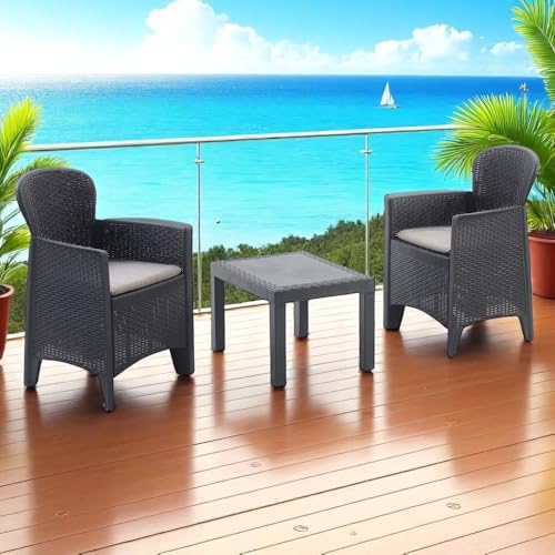 Gartenmöbel-Set aus Polypropylen in Rattanoptik BORIA mit 2 Sesseln und 1 Tisch wasserdicht UV-beständig für Außen Terrasse Balkon (Anthrazit) von Liberoshopping