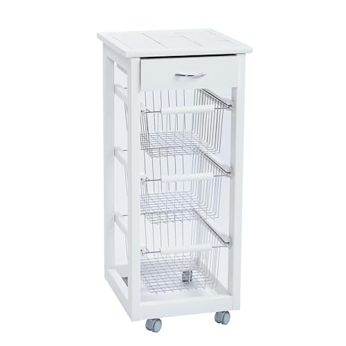 Küchenwagen Slim in Buchenholz 3 Körbe und 1 Schublade Keramikplatte 4 Schwenkräder Zuhause Küche Garten (Weiß lackiert) von LIBEROSHOPPING.eu - LA TUA CASA IN UN CLIK