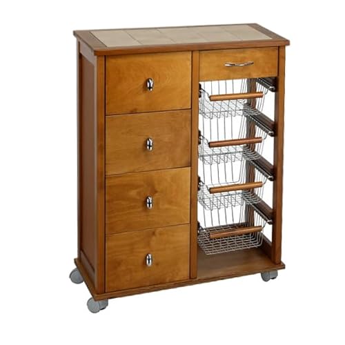 Küchenwagen mit Kommode Otelia aus Buchenholz mit 4 Schubladen, 4 Obstkörben aus Stahl, Lenkrollen und Platte mit Keramikfliesen – Made in Italy (Eiche) von LIBEROSHOPPING.eu - LA TUA CASA IN UN CLIK