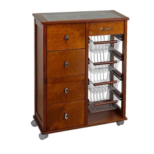 Küchenwagen mit Kommode Otelia aus Buchenholz mit 4 Schubladen, 4 Obstkörben aus Stahl, Lenkrollen und Platte mit Keramikfliesen – Made in Italy (Kirsche) von Liberoshopping