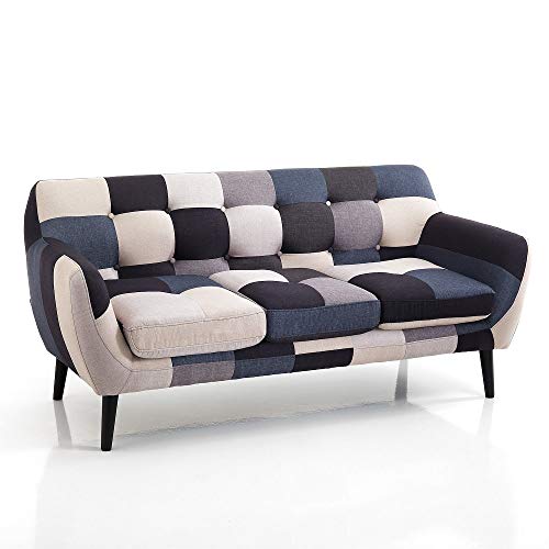 LIBEROSHOPPING.eu - LA TUA CASA IN UN CLIK Sofa Armchair Pouf aus Patchwork-Stoff mit gepolsterten Massivholzbeinen (3 Plätze Blau) von LIBEROSHOPPING.eu - LA TUA CASA IN UN CLIK