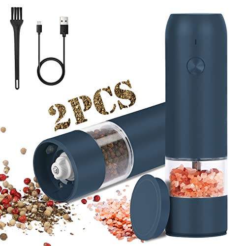 Pfeffermühle Elektrische Salz und Pfeffermühle USB Aufladbare 2er Set Gewürzmühle mit Einstellbar Keramikmahlwerk, LIBERRWAY Salzmühle mit LED - Grau Blau von LIBERRWAY