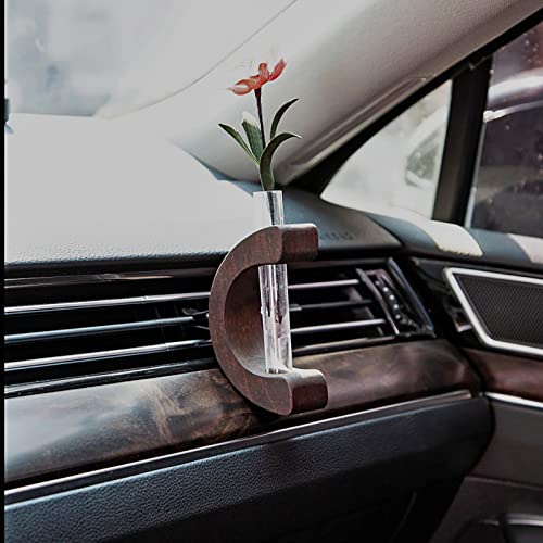 LIBOOI Auto-Lüftungsschlitz-Blumenvase, abnehmbare Glasvasen für Blumen, Auto-Lüftungsclips, Glasrohr für frische Pflanzen, kreative Lüftungsclip-Dekoration, Holzornament-Dekor (dunkelbraun) von LIBOOI