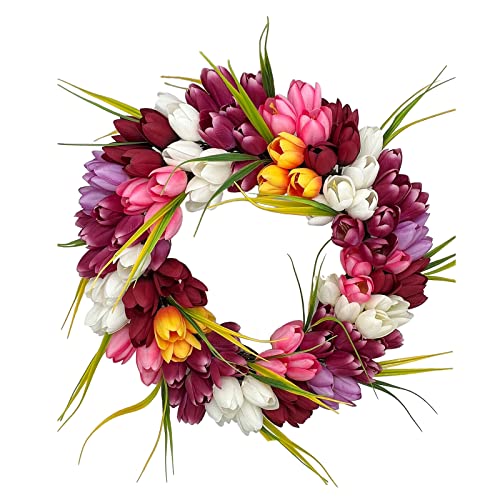 LIBOOI Künstlicher Tulpen-Kranz, 38 cm Türkranz, künstlicher Tulpen-Blumenkranz für Haustür, Frühling, künstlicher Blumenkranz, Tür, Fenster, hängende Ornament für Festival-Dekoration von LIBOOI