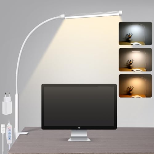 Lampe Schreibtisch LED Klemmbar, Dimmbare Schreibtischlampen mit 3 Farben und 10 Helligkeitsstufen, Tageslichtlampe Schreibtisch Lampe, Augenschonende Klemmleuchte (Weiß) von LIBORA