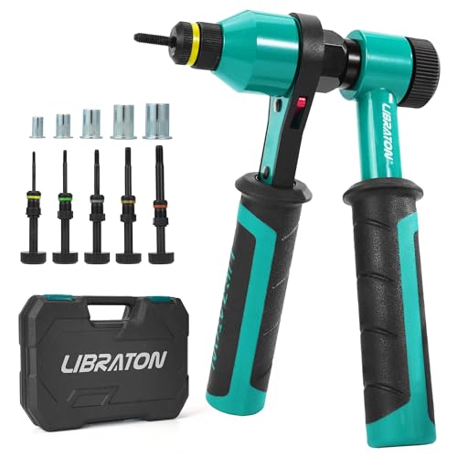 LIBRATON Nietmutternzange, Nietmutternzange Set, Profi Nietmutternratsche, Nietmutternpistole mit 5 Metrischen Dornen, 5 Mutternköpfen, 50 Nietmuttern, Tragebox, Einnietmutternzange für Autoreparatur von LIBRATON