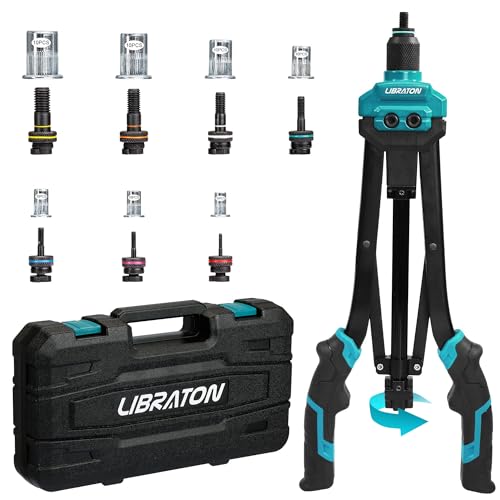 LIBRATON Nietmutternzange-Set, 16" Gewindenieten Zange-Set, Einnietmutternzange-Set mit 7 Metrischen Austauschbaren Dornen, 70 Nietmuttern, Tragetasche, Automatisches Entriegelungsmutter-Design von LIBRATON