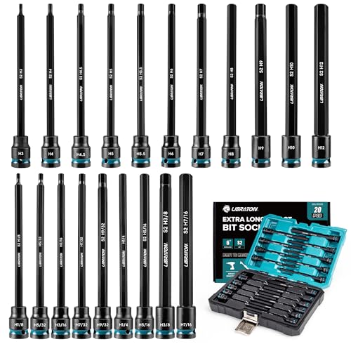 LIBRATON Schlag Nuss Lang 3/8", Sechskant Steckschlüssel, S2-Stahl Sechskant Bit Stecknuss, 20-tlg Bit Steckschlüssel, Sechskant Steckschluesselsatz Metric SAE, 150mm Bits Stecknuss von LIBRATON