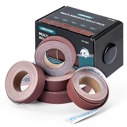 Libraton Schleifpapier Rollen, Schmirgeltuchrolle, 5 Rollen Schleifpapier mit Box, Körnung 150, 240, 320, 400, 600 Aluminiumoxid Schmirgelpapier für Holzbearbeitung, Möbelreparatur, 25mm x 7,5m(25Fuß) von LIBRATON