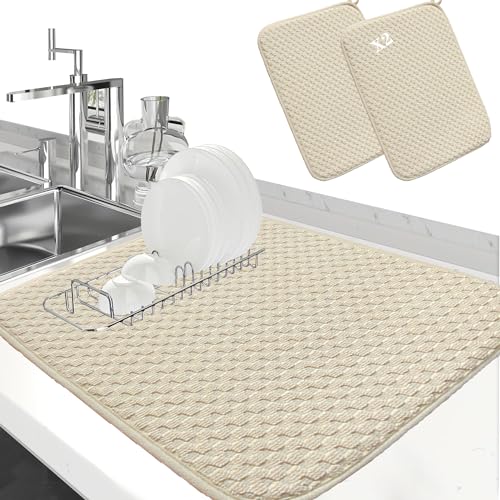 LIBRNTY 2 Stück Abtropfunterlage für Küche,Spülbecken-Trockenmatte,Geschirr-Abtropfmatte,Mikrofaser Schutz für Küche und Spüle,Trockenmatte als Abtropf Unterlage für Küche und Spüle (Beige) von LIBRNTY